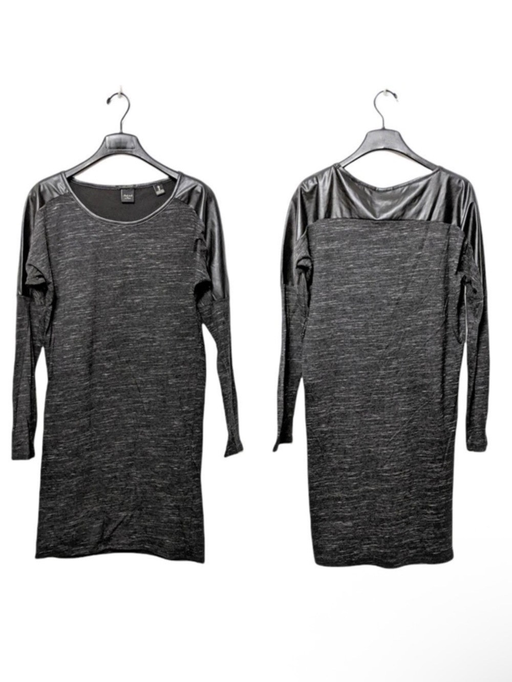 MAISON SCOTCH Space Dye Linen Blend Faux Leather Panel Dress M